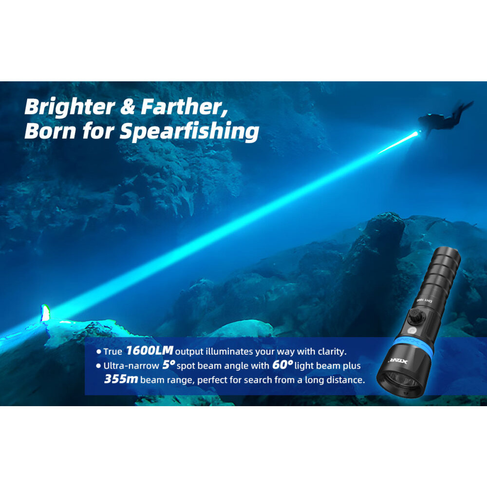 XTAR DH1 1600 Lumens Dive Light full package