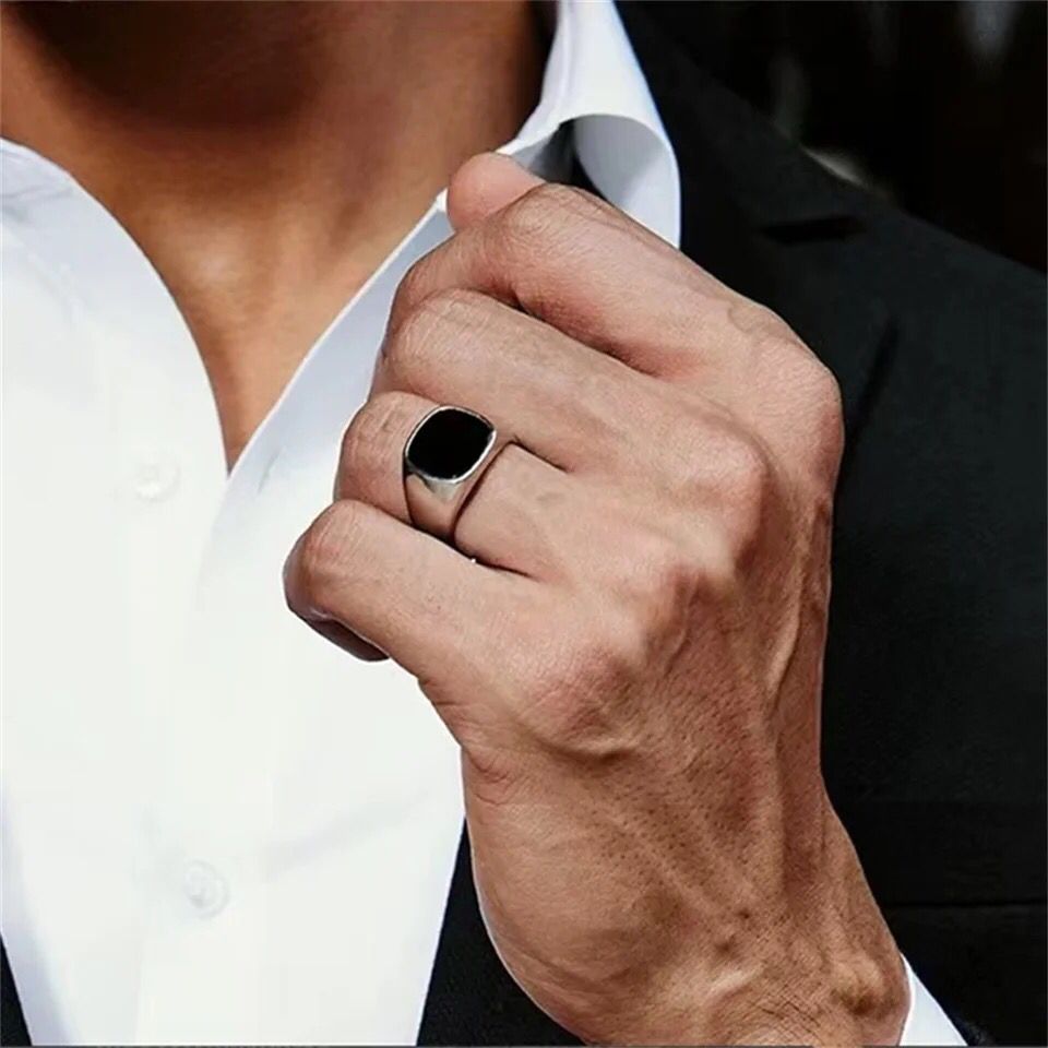 Simple Black Drop Glaze Square Alloy Ring For Men Fashion Jewelry Gift