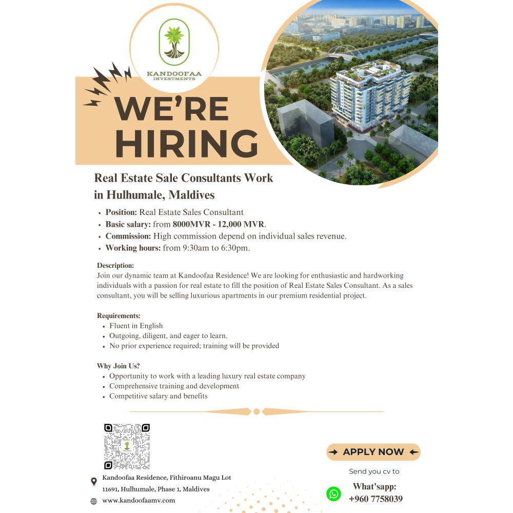 Kandoofaa Investment Company is hiring full-time Real Estate Consultants