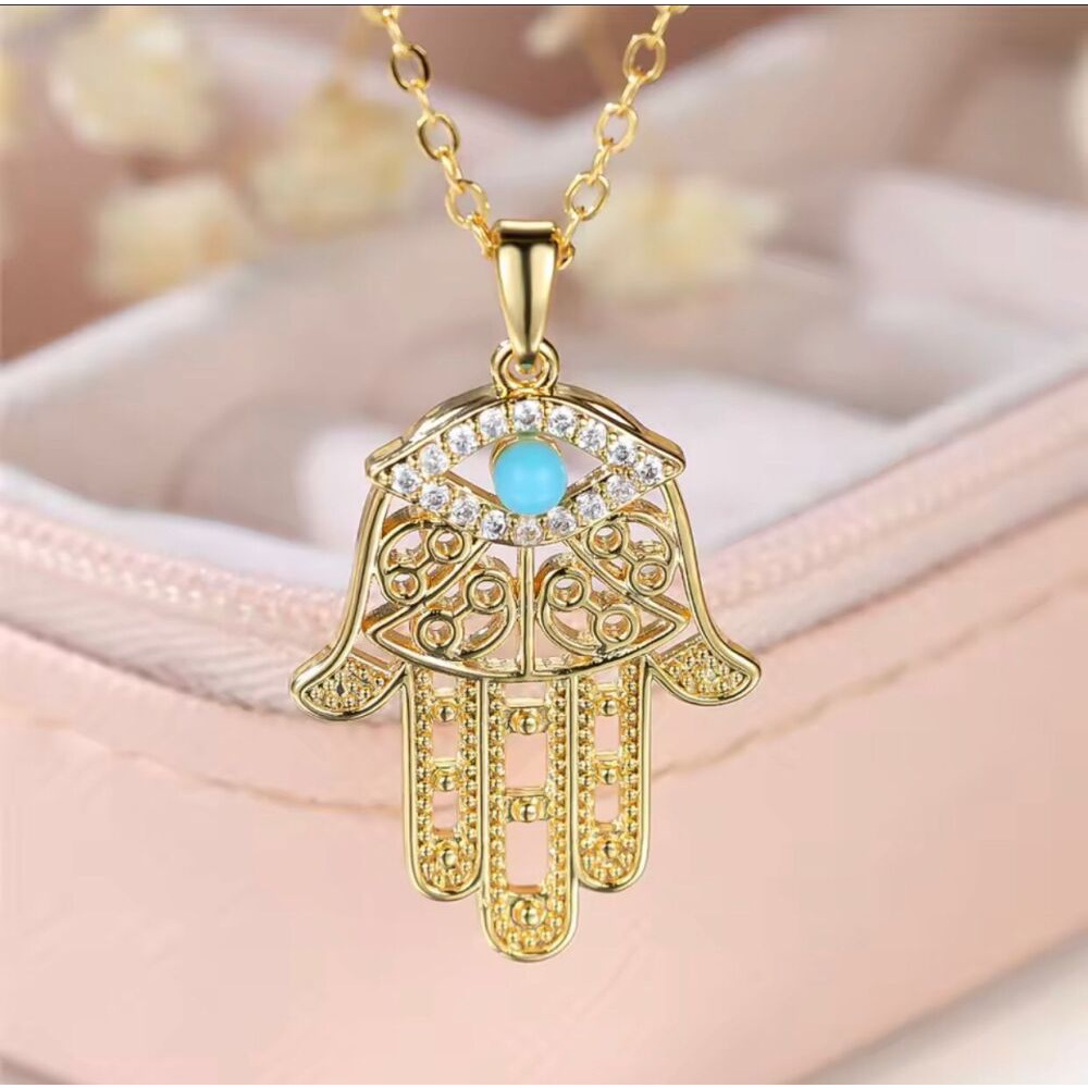 Luxury Female Crystal White Zircon Stone Hand Pendant Necklace Gold ColoR