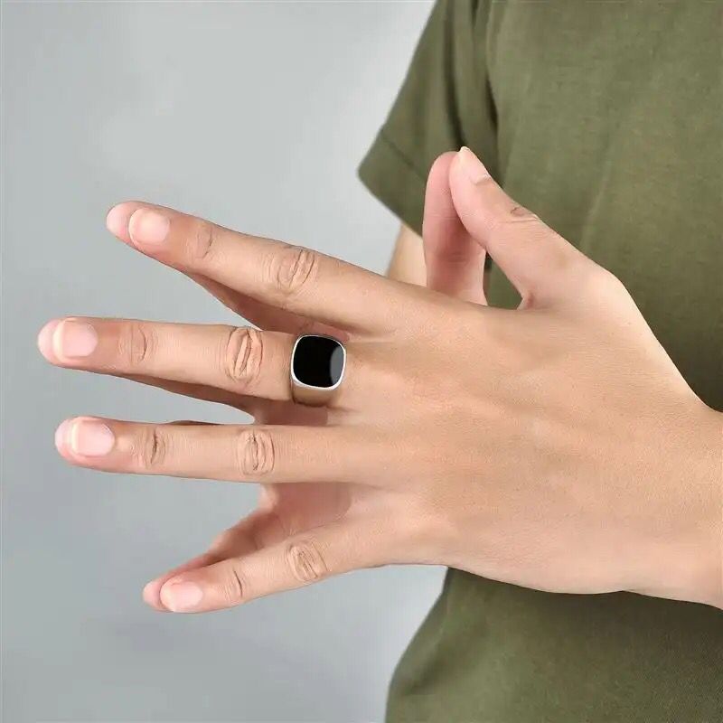 Simple Black Drop Glaze Square Alloy Ring For Men Fashion Jewelry Gift