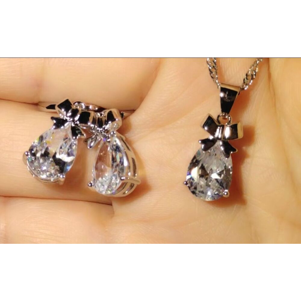 White Stone Cubic Zirconia Dangle Earring Pendant Necklace Woman Jewelry Set