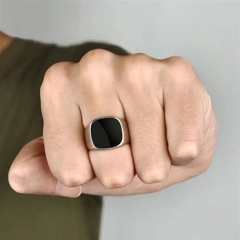 Simple Black Drop Glaze Square Alloy Ring For Men Fashion Jewelry Gift