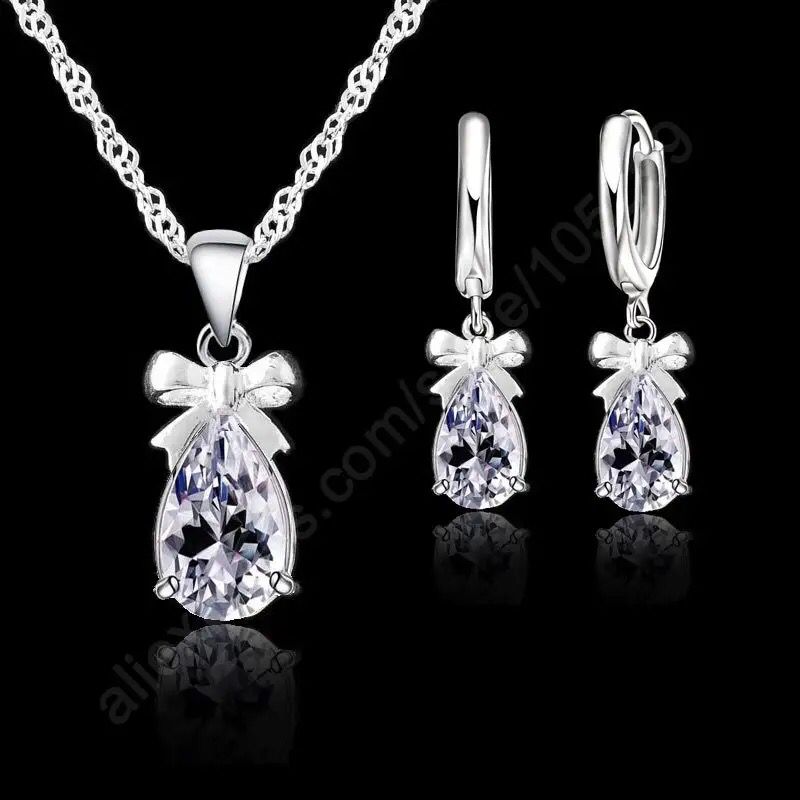 White Stone Cubic Zirconia Dangle Earring Pendant Necklace Woman Jewelry Set