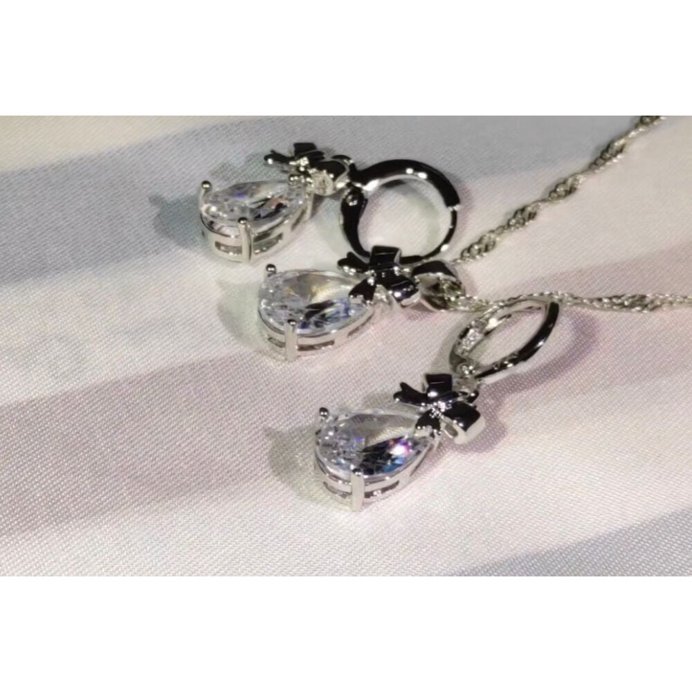 White Stone Cubic Zirconia Dangle Earring Pendant Necklace Woman Jewelry Set