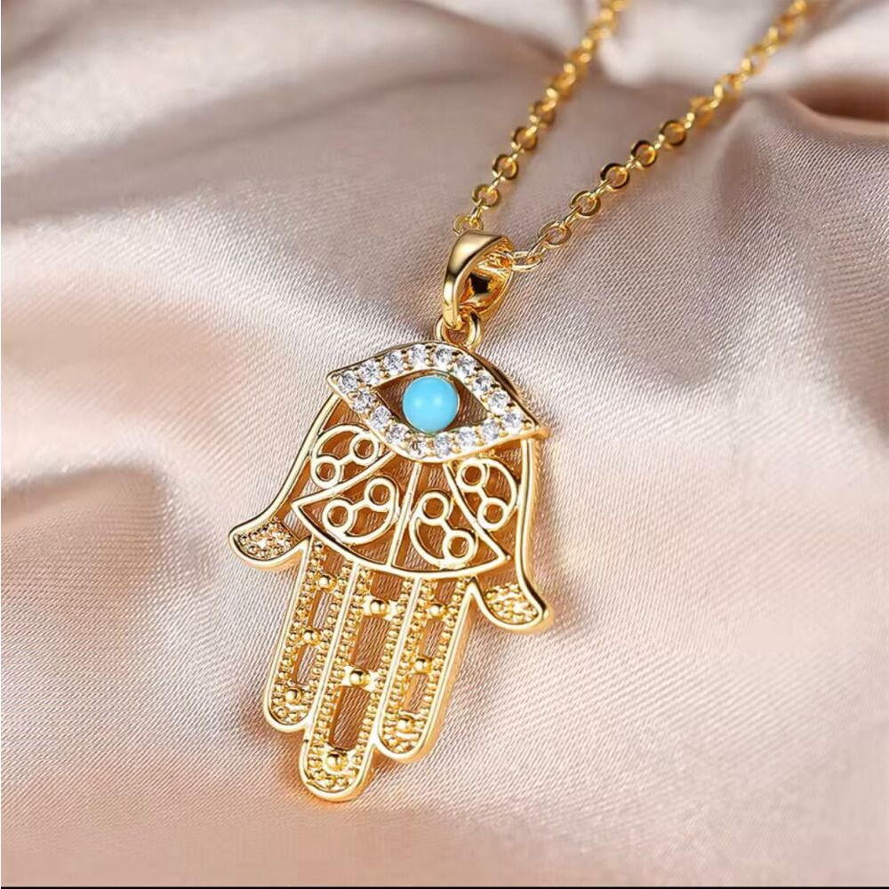 Luxury Female Crystal White Zircon Stone Hand Pendant Necklace Gold ColoR